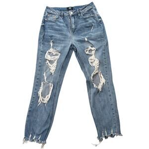 I&M Black Label Distressed Jeans Womens Size 7 Raw Hem Ripped Skinny Medium Wash